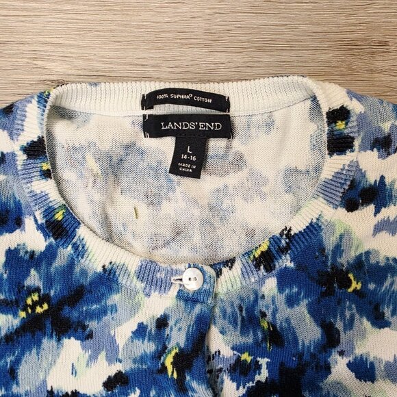 Lands' End Women's Blue Cardigan Sweater Size LG 14/16 100% Supima Cotton - Picture 2 of 4